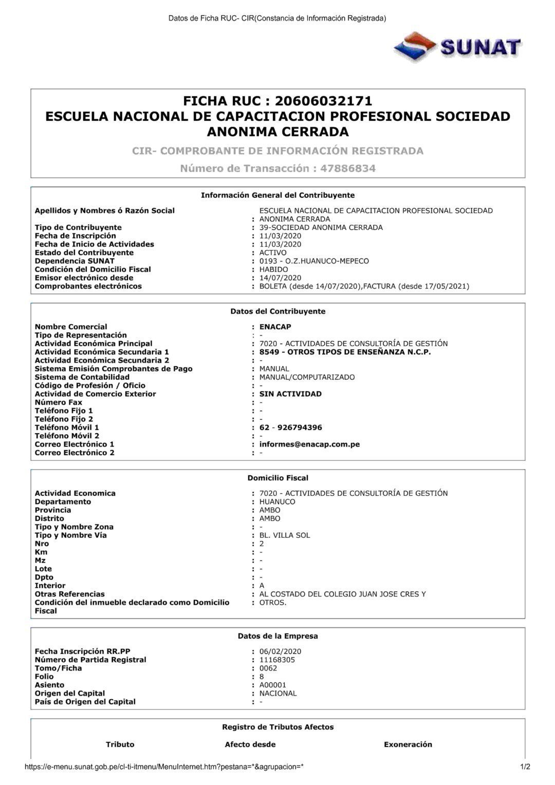 Ficha RUC – ENACAP
